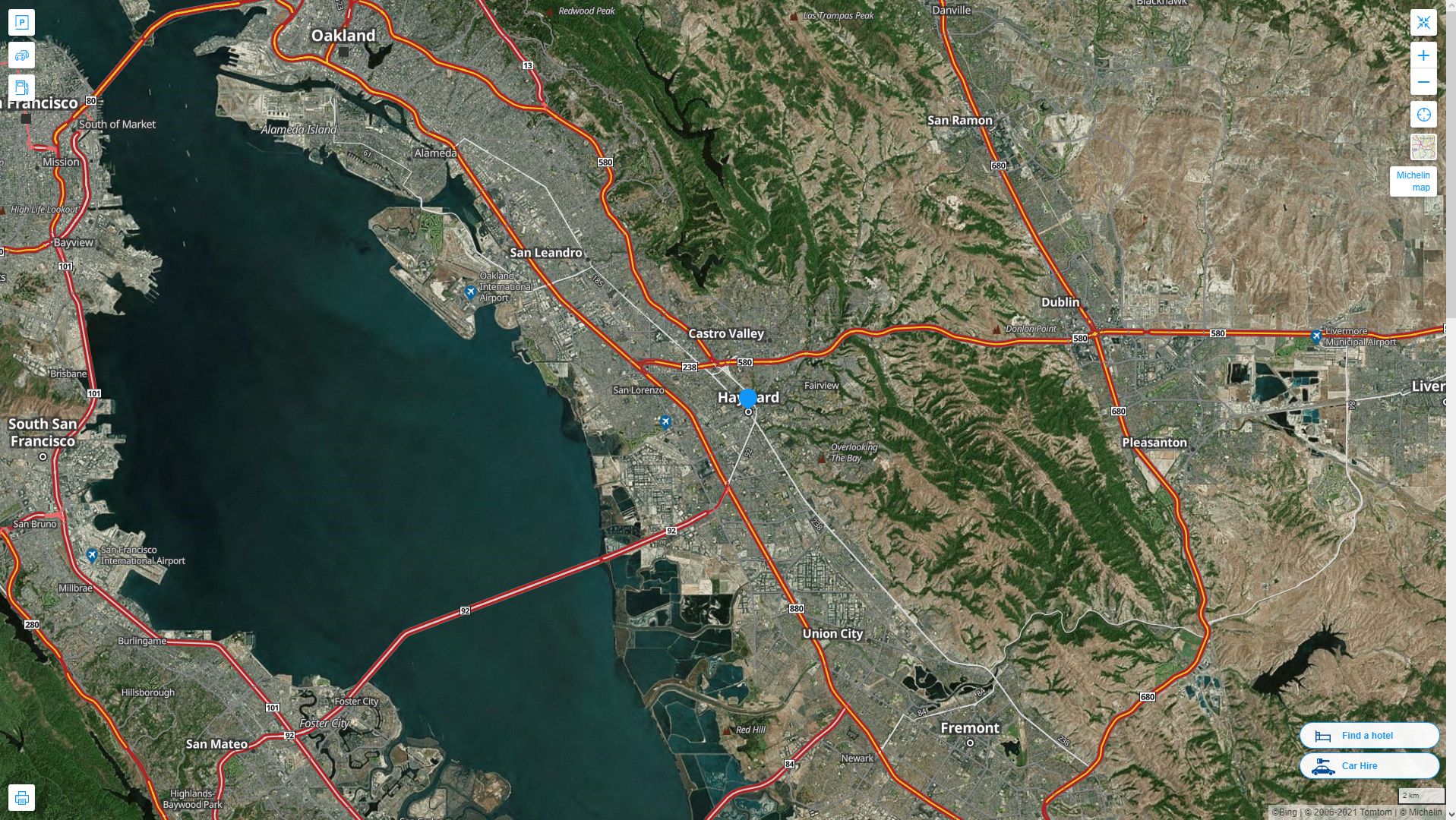 Hayward California Highway and Road Map with Satellite View
